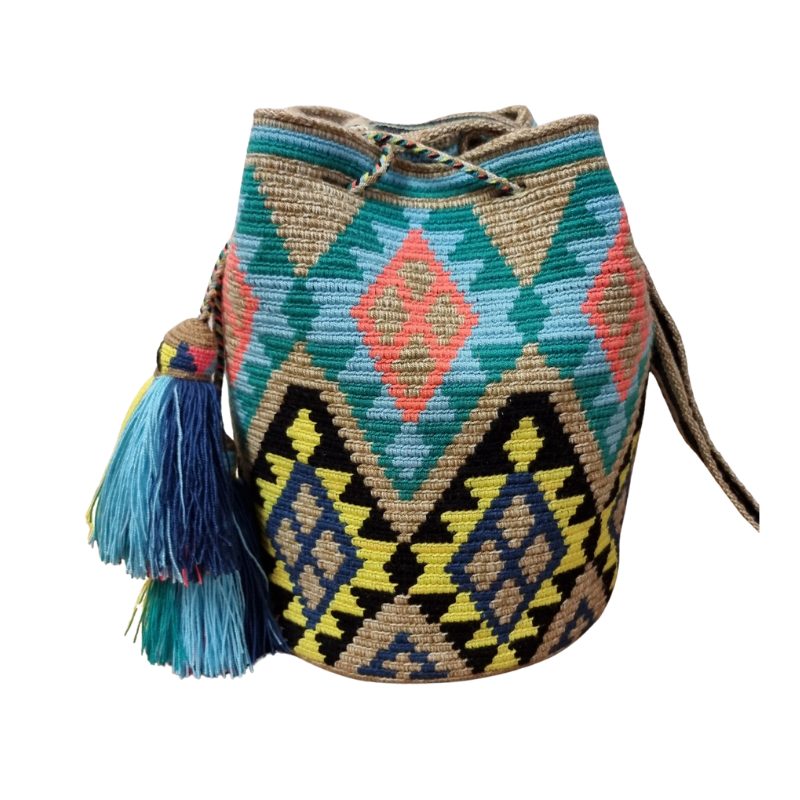 Borsa a traccola Wayuu _Fattta interamente a mano in Colombia-, misure diametro 22 cm alta 28 cm