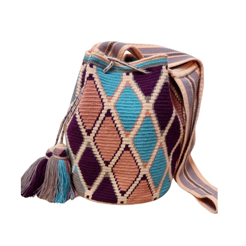 Borsa a traccola Wayuu _Fattta interamente a mano in Colombia-, misure diametro 22 cm alta 28 cm